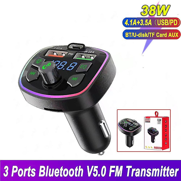 FM-lähetin Bluetooth 18W PD+kaksois-USB 3.1A autolaturi Handsfree TF-kortti U-levy Aux-musiikin toistosarja radioon kaikkiin puhelimiin
