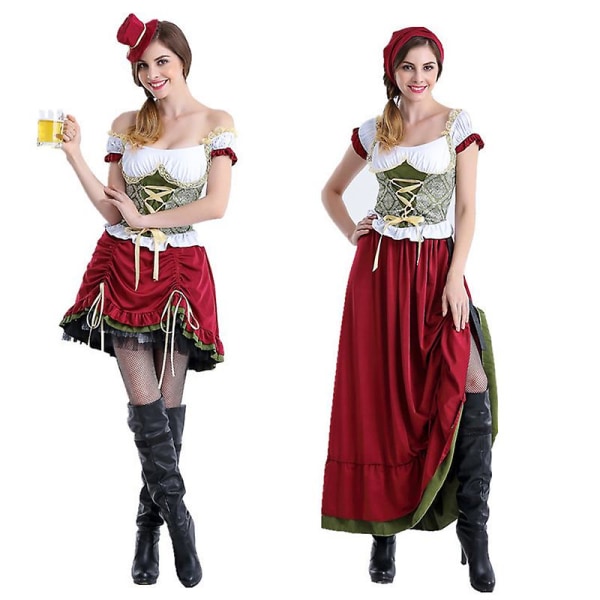 Vuxna kvinnor Oktoberfest Dirndl kostym Bayern Ölfest Karneval Servitörsklänning Wench Maid Lolita Kjol Cosplay Fantasia Outfit L D