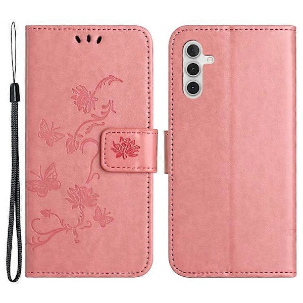 Kompatibelt för Samsung Galaxy A24 Präglat Fjärilsblomma Mobilskal PU Läder Plånboksställ Telefonskydd med Rem Pink