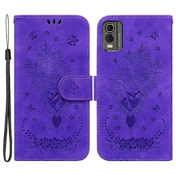 Plånboksfodral i Läder Kompatibelt Med Nokia C32, Rosfjäril Tryckt Fullständigt Skydd Mobilskal Purple