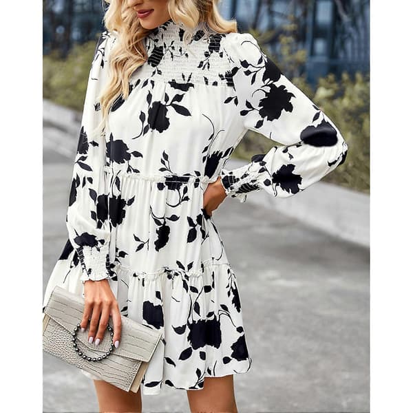 Dam Långärmad Klänning Elastisk Rynkad Klänning Blommig Tryck Volang Mock Neck Midi Klänning