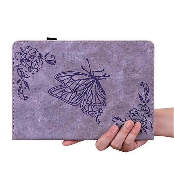 Kompatibelt Läderfodral för Samsung Galaxy Tab A9 med Fjärilsblommor Tryck Tablet Skydd Purple