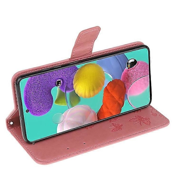 Præget Sommerfugl Blomst Skin PU Læder Flip Mobilcover Kompatibelt til Samsung Galaxy A51 Pink