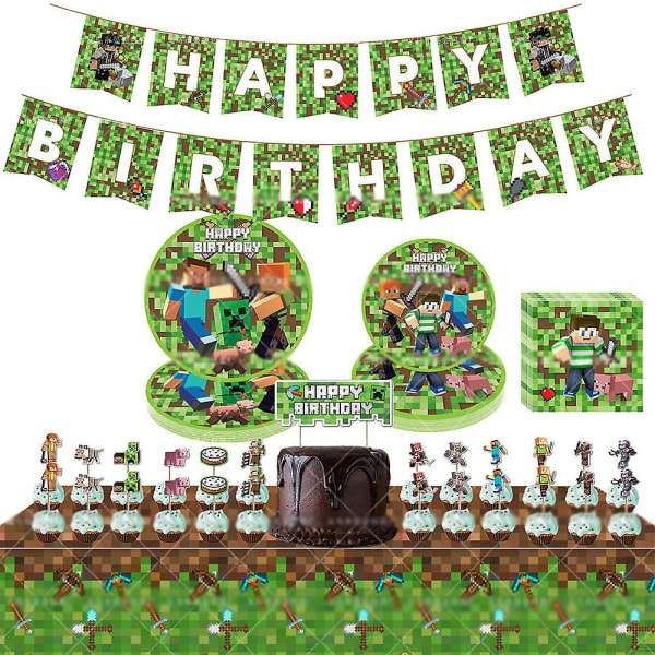 Minecraft Pixel Game Theme Party Supplies Dekoration Banner, bordsduk, tallrikar, servetter, Cupcake Toppers Set