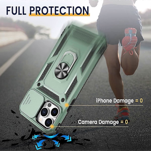 Militärklass Stöttåligt Kraftigt Skyddsfodral med Magnetisk Bilhållare för iPhone 13 Pro Max 6.7 Mörkgrön