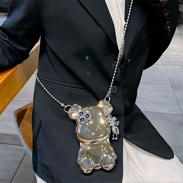 Søtt deksel til iPhone 12 Pro Max 6.7'', 3D tegneseriedeksel Gull Teddybjørn Glitter Bling-deksel med metallkjedestropp og bjelleanheng, Mote plating Soft T