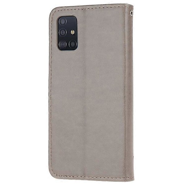 Præget Sommerfugl Blomst Skin PU Læder Flip Mobilcover Kompatibelt til Samsung Galaxy A51 Grey
