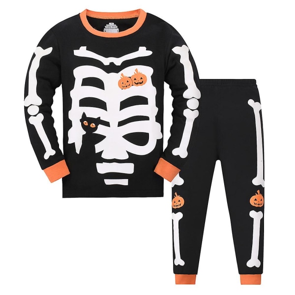Barns pojkar Flickor Halloween skalle/Pumpa Print Pyjamas Set Black 3-4 Years