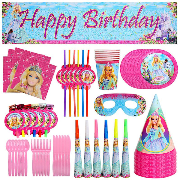 Barbiee-nukke Syntymäpäiväjuhla Koristetarvikkeet Vaaleanpunainen Tyttö Teema Astiat Cup Lautas Ilmapallo Baby Shower Prinsessa Juhlasisustus Lahjat 16pcs set 6