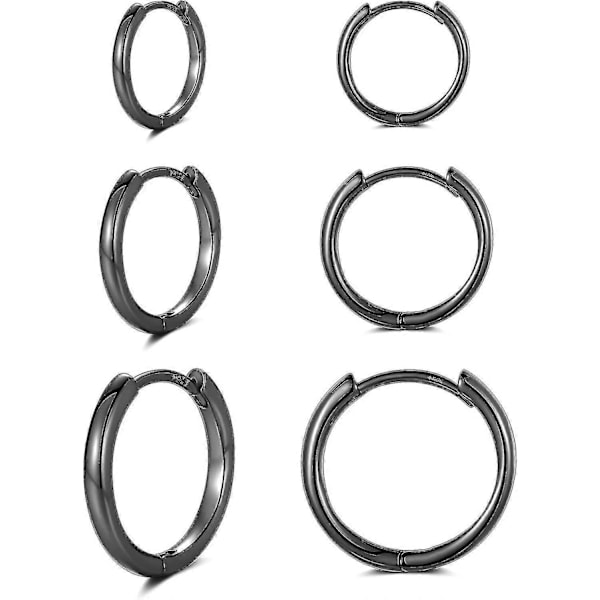 3 Par Små Brusk Hoop Øredobber For Kvinner Menn, Hypoallergenisk Sterling Sølv Post Huggie Øredobber, 8/10/12mm Svart-8/10/12mm -