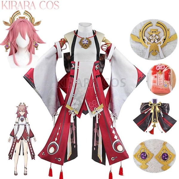 Genshin Impact Yae Miko Cosplay kostymklänning Miko Cosplay Peruk Rosa hårkläder Genshin kostymer S