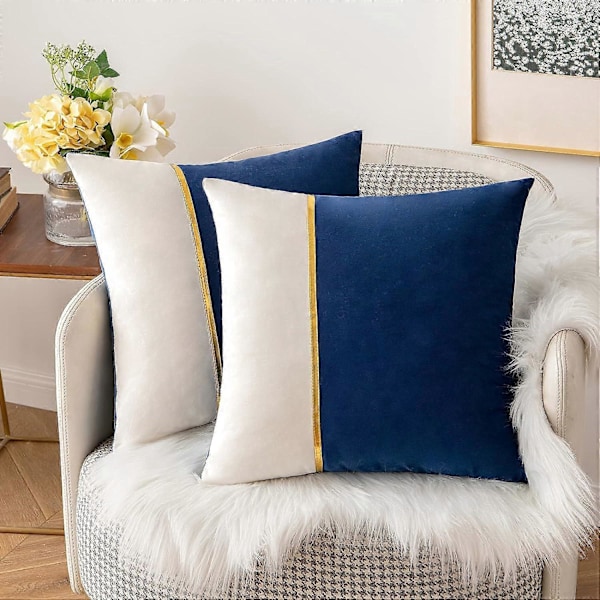 2-pack Dekorativa Sammets Kuddfodral Patchwork med Guld Läder Fyrkantiga Mjuka Enfärgade Örngott Soffkuddar Kuddfodral för Säng Soffa Li