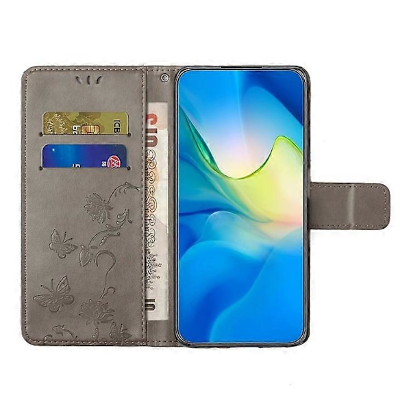 Kompatibelt för Samsung Galaxy A24 Präglat Fjärilsblomma Mobilskal PU Läder Plånboksställ Telefonskydd med Rem Grey