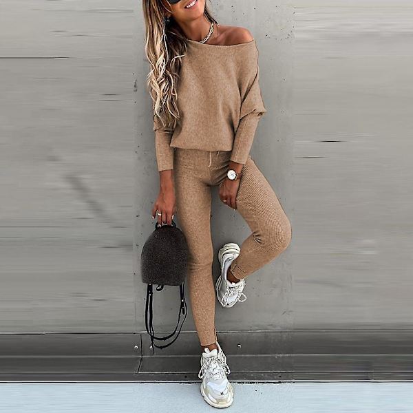 Naisten tavallinen casual verryttelypuku pitkähihainen t-paita Leggingsit Skinny Pants set Khaki S