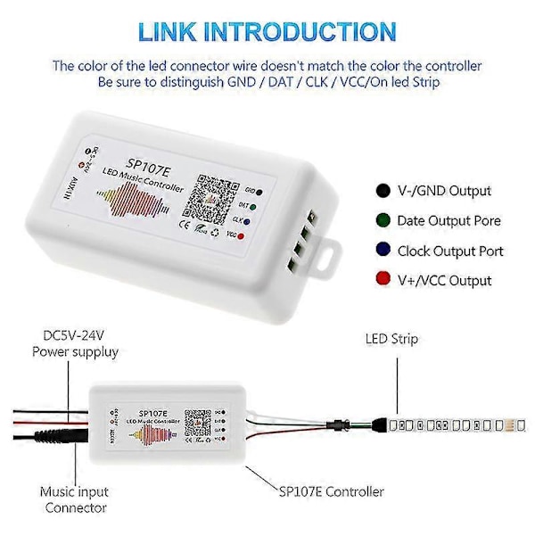 SP107E LED Kontroller Bluetooth Smart APP WS2811/2812B Lysstripe Dimming LED Musikkontroller