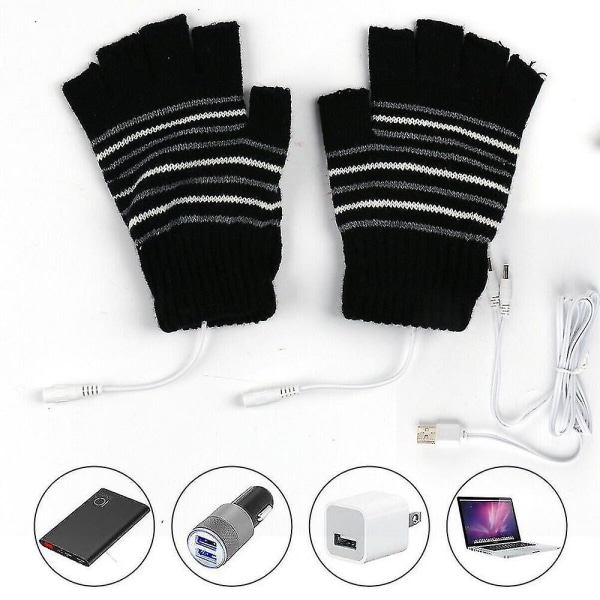 Elektriska USB thermal uppvärmda handskar hel- och halvfinger vintervärmare Uppladdningsbar Black