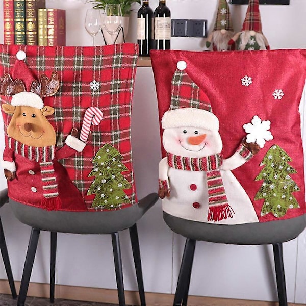 Gränsöverskridande direktleverans Juldekoration röd pläd snögubbe Jultomte stolsryggskydd kreativt linne stolsryggskydd tredimensionell sits