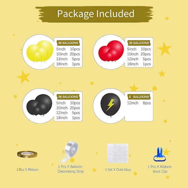 Røde Svarte Gule Bursdagsfest Forsyninger - 116 stk Tegneserie Ballong Garland Bue Kit, Tegneserie Tema Latex Ballong Bue For Tegneserie Ball Baby Shower Bir