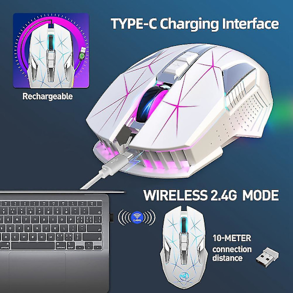 T300 Trådlös 2.4g Mus Ergonomisk Mus 2400 Optisk Mus RGB Bakgrundsbelysning Tyst Gaming Mus Vit