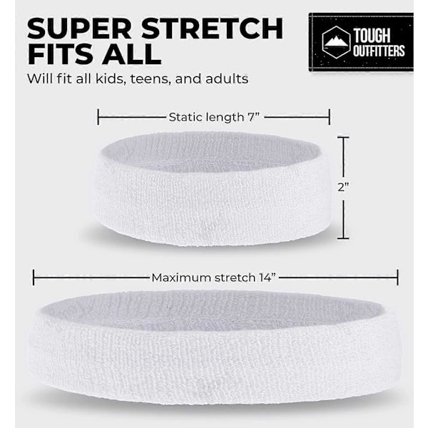 Svettepannebånd - Pannebånd for menn og kvinner - Terry Cloth Svettebånd for tennis, basketball, fotball, trening - hvit