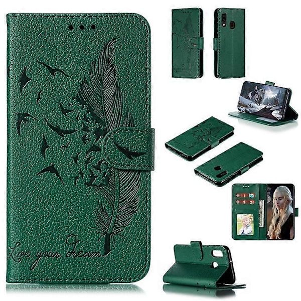 Litchi Tekstur Præget Fjer Læder Telefon Cover med Wallet Stand Kompatibel til Samsung Galaxy A20e Green