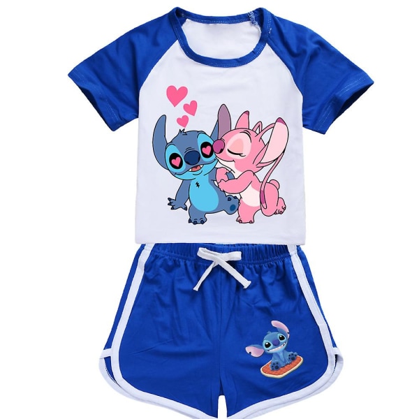 Lilo Ja Stitch Pyjamasetti Set Lasten Lyhythihainen T-paita Yöpuvut Pyjamat Sarjakuva Lilo Stitch Kids Cos Urheiluasut 11-12T(160) 2076sky blue