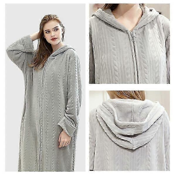 Badekåbe med hætte til damer, varm og blød fleece-morgenkåbe med lynlås, lang Light Gray M