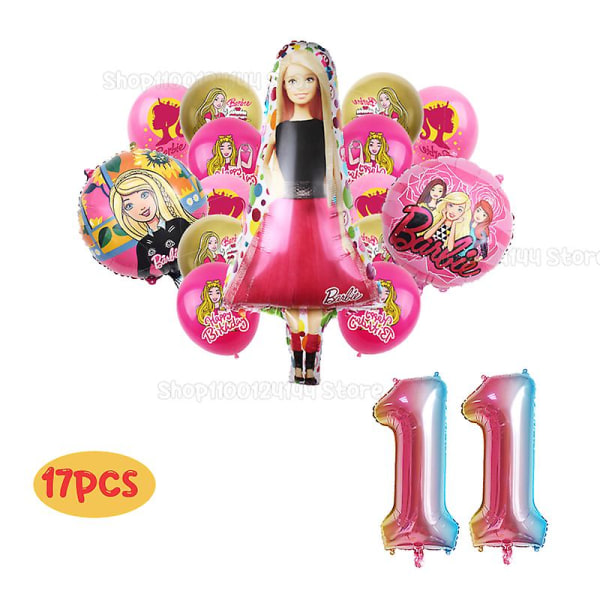 Barbiee-nukke Syntymäpäiväjuhla Koristetarvikkeet Vaaleanpunainen Tyttö Teema Astiat Cup Lautas Ilmapallo Baby Shower Prinsessa Juhlasisustus Lahjat 17pcs set 11