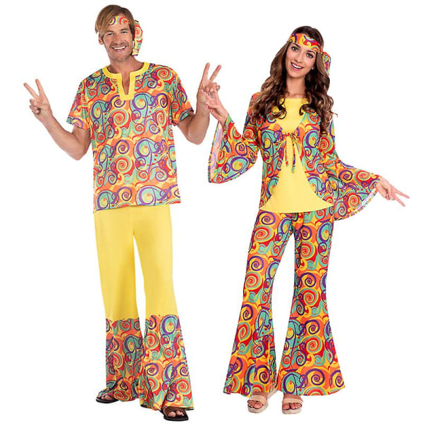 Flerfärgat par 60-tal 70-tal Hippy Disco Kostym Retro Rockabilly glänsande skjorta Cosplay Carnival Halloween Fancy Party Dress E2 XL