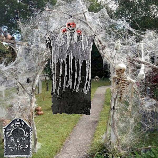 Halloween-kummitus roikkuvat koristeet roikkuva luuranko kummitus 3 kallopäällä hehkuvat silmät karmiva kirkuva ääni pelottava Halloween-kummitus Decora Y
