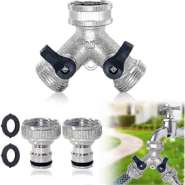 Hageslangekobling, 2-veis slangesplitter dobbel messingkran med 2 stk 3/4 tommers slangekobling for hagevanning