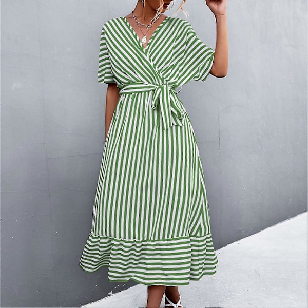 Kvinner Wrap V-hals Kjole Beltet Hem Stitching Stripe Trykt Korte Ermer Maxi Kjole for Sommerbruk