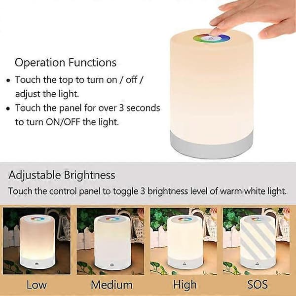 LED Natlampe, Dæmpbar Touch, USB Genopladelig, (Varm Hvid)