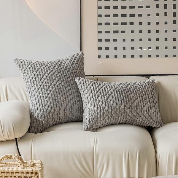 Sæt med 2 dekorative pudebetræk til sofa stribet fløjl sofapudebetræk 40x40cm, 16 x 16 tommer, lysegrå
