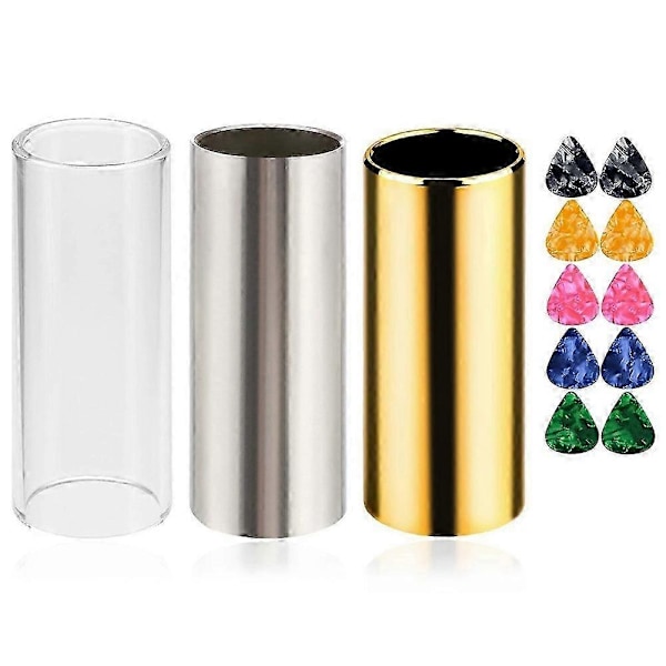 Gitarr Slide, Set med 1 Glas Slide, 1 Stål Slide och 1 Mässing Gitarr Slide, Bonus 10 st Gitarrplektrum