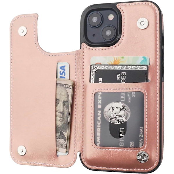 Kompatibel med iPhone 15 Lommebok Etui med Kortholder, PU Lær Støttefot Kortspor Etui (Rose Gull)