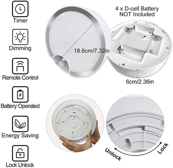 LED Taklampa med Rörelsesensor Batteridriven IP64 Rund Inomhus Utomhus Infälld Montering för Kök, Sovrum, Hall (Batterier Ingår Ej)