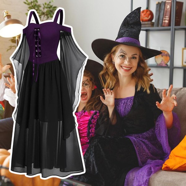 Halloween Trumpet Sleeve Witch Suspender Dress Enkel One-line Neckline Cosplay Dress Black 2XL