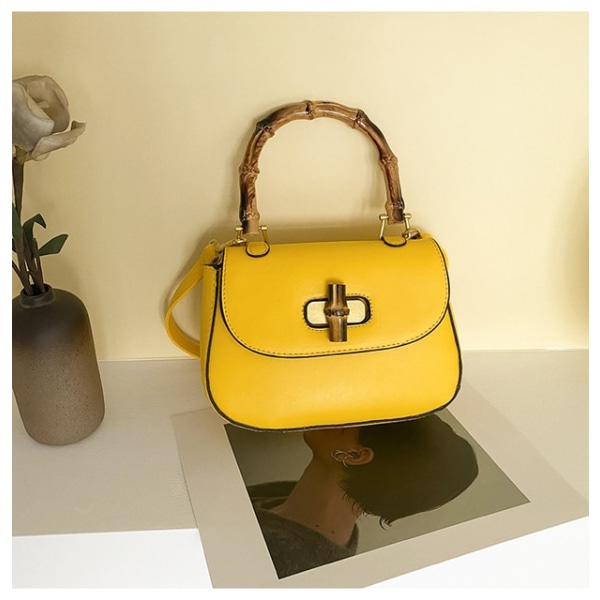 Vintage sadeltaske Bambus Håndtag Læder Tote Skuldertaske Yellow