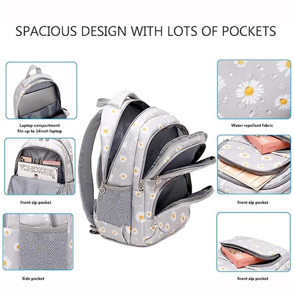 Daisy Prints set lounassarjoilla kirjakassi teini-ikäisille tytöille 3 kpl koululaukku ala-asteen oppilaan kirjakassiin Gray