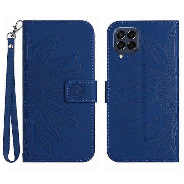 Kompatibelt för Samsung Galaxy M53 5G HT04 Skin-touch PU Läder Mobiltelefon Skydd Skal med Tryckt Solros Ställ Plånboksfodral Azure