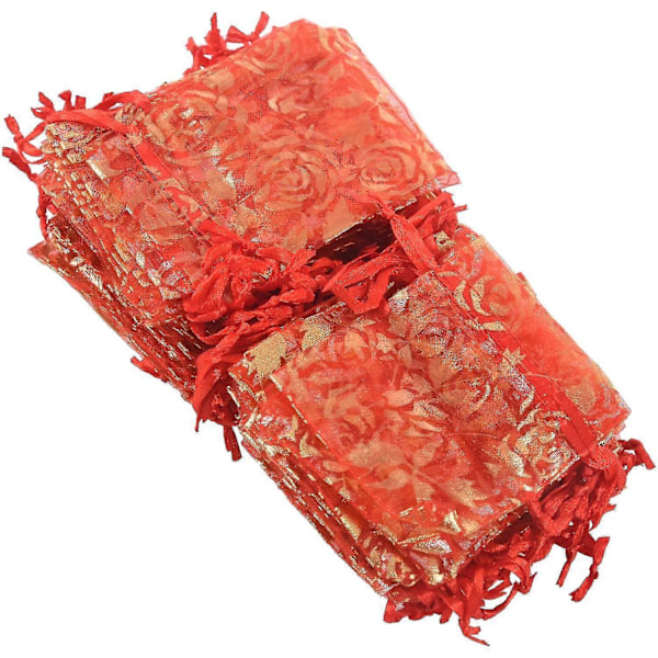 100kpl 7x9cm Organza Kiristysnyörilliset Lahja Korupussit Häät Joulu Juhlat Lahjapussit Punainen-haoyi