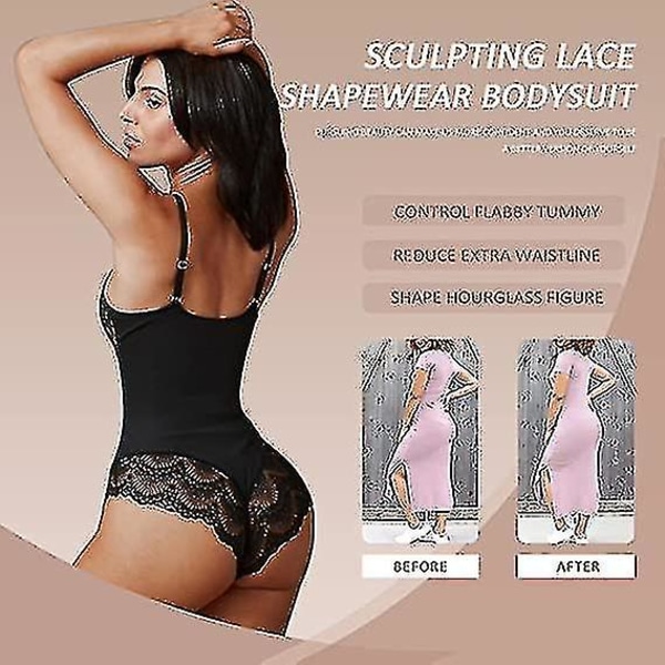 Tflycq Lace Bodysuit naisille Tummy Control Shapewear V-pääntie, Selkänojaton Camisole Hihattomat Slimmit Topit Black 3XL