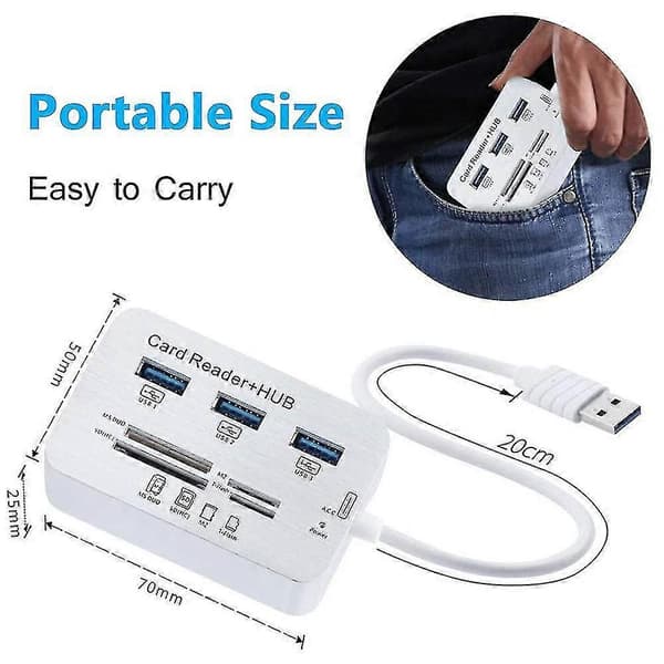 7-i-1 Kortläsare med 3 Portars USB 3.0 Hub, SD / MS / Micro SD / MMC