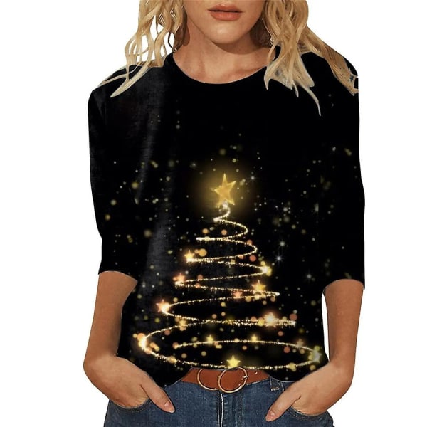 Naisten jouluaiheinen printed t-paita, kolmineljänneshihainen t-paita, pyöreä kaula Xmas casual pusero, neulepusero style 1 S