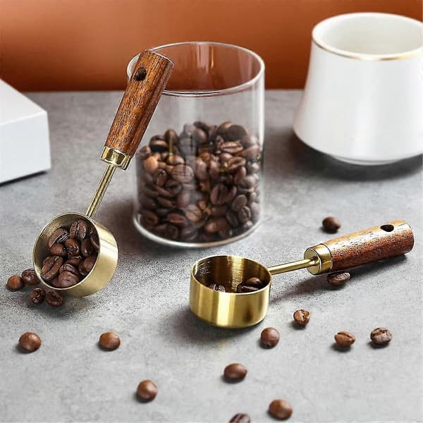 Kaffeske af rustfrit stål til malet kaffe, 15 ml kaffemåleske med træhåndtag - A