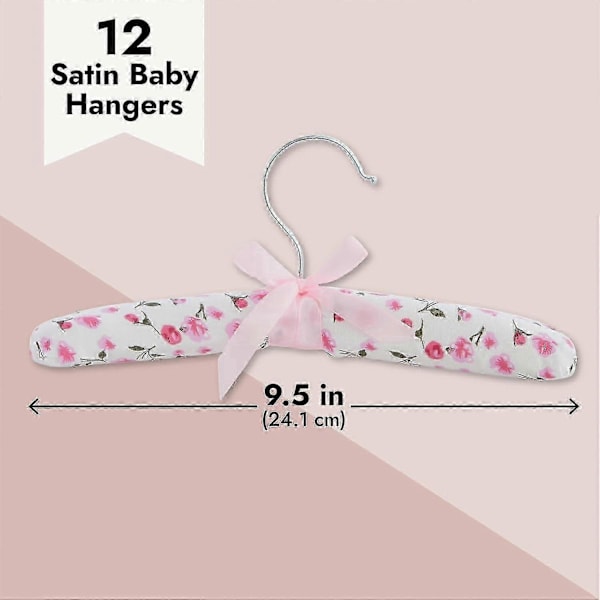 12-pack Vadderade babygalgar i satin för garderob, barnkammare, babykläder, rosa blomdesign (9,5 tum) Edition d