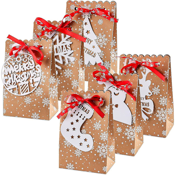 Papir Gavepose, Julepapirbokser, Kraftpapir Julegaveposer, Gaveposer med 24 Hvite Julemerkelapper og Bånd, Kraft Gaveposer for Godteri C