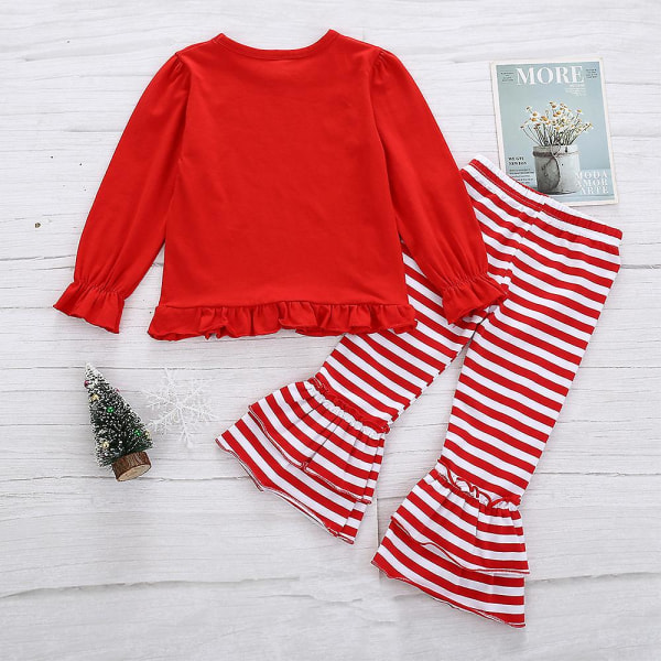 Jul Barn Flickor Långärmad printed volang långärmad T-shirt Topp + Randiga Flare Byxor Långbyxor Pyjamas Set Julfest outfit 2-3 Years