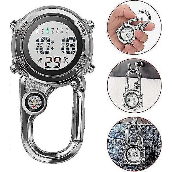 Karbinhake Klocka Digital Clip-on Quartz Klocka Multifunktionell Karbinhake FOB Klocka Lysande Urtavla Kompass Karbinhake Klocka med Kompassröd